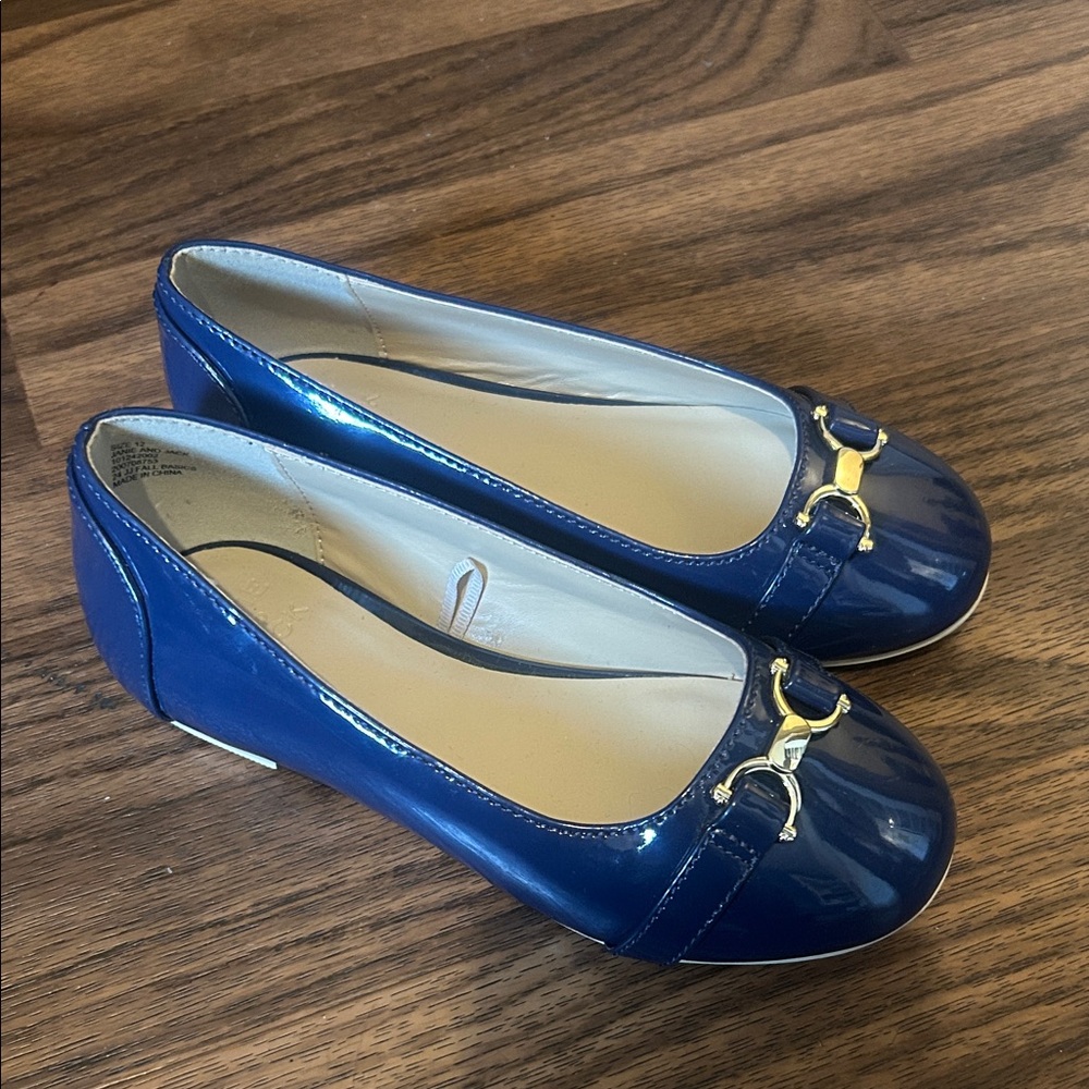 Janie and Jack Shiny Blue Flats with Gold Buckles